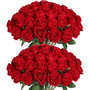 50 PCS Fake Red Roses, Artificial Red Flowers Bulk Realistic Silk Faux Rose with Stems for Wedding Decoration Anniversary Bridal Bouquet DIY Floral Arrangement Romantic Home Decor Gifts