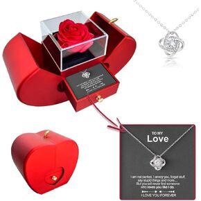 Preserved Handmade Red Rose With Hollow Clavicle Necklace,Jewelry Boxes With Necklace For Girlfriend,Wife,Mom With ''To My Love'' Card