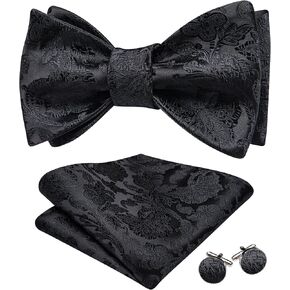 Barry.Wang Mens Bow Ties Paisley Solid Color Self Tie Bowtie Set Handkerchief Cufflinks Silk Wedding Party Classic