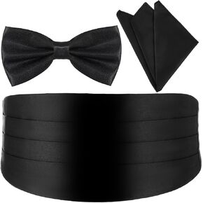 Men's Cummerbund Bow Tie Set, Adjustable Black Tuxedo Cummerbund and Bow Tie Pocket Squares for Wedding Party Prom