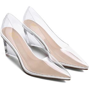 LEHOOR Women Clear Wedge Heel Pumps with Rhinestones Pointed Toe Transparent Wedge Heels Slip On Sexy Dress Wedges Shoes Sandals Closed Toe Fashion Party Bridal Wedding High Heels 3 Inch 4-9 M US