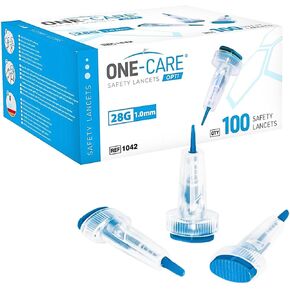 مشارط الأمان ONE-CARE OPTI ذات الزر العلوي المنشط 28 جم × 1.0 مم، MiniFlow، لطيف، 100/bx