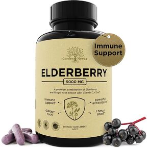 Elderberry مع فيتامين C ، الزنك ، والزنجبيل-معزز المناعة القوية 5000 ملغ من Elderberry ، الزنك ، وفيتامين C-فيتامينات المناعة غير المعدلة وراثيا للبالغين لمساعدتك على الشعور بالحيوية ، 60 قبعات.