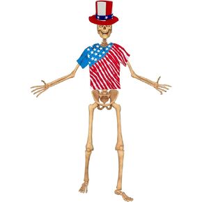 4th of July Skeleton Hat, 2 PCS 12 ft Skeleton Costume Independence Day Red Blue White Shirt Giant Skelly Accessories for Memorial Day Activity