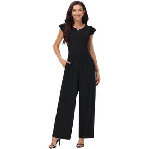 Women's Summer Dressy Jumpsuits Crew Neck Ruffle Cap Sleeves Rompers High Waist Wide Leg Jumpsuits with Pockets
