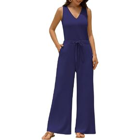 ZAFUL Womens Jumpsuits Summer 2025 Casual One Piece Outfits V Neck Sleeveless Wide Leg Long Pants Rompers with Pockets