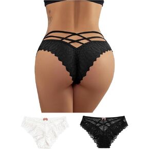 Milumia Women Sexy Floral Lace Underwear Criss Cross Seamless Bikini Panty Black and White