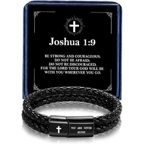 Men's Leather Bracelet with Cross Bible Verse, Double Layer Black Leather Bracelet for Men, Christian Religious Inspirational Graduation Gift for Him Men Dad Husband Boyfriend Grandson Son