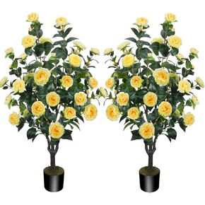 2 Pack 43.3"/3.6FT Artificial Tree with Camellia Flowers Fake Tree with 32 Blooming Flowers Orange Tree for Spring Home Front Door Outdoor Indoor Decor (Including Dried Moss)