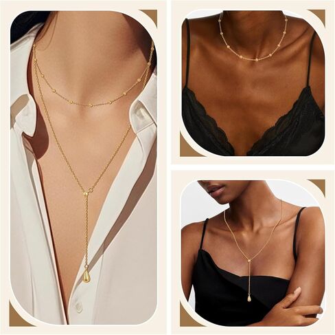 Lariat Gold Necklaces for Women - 18k Gold Plated Long Necklace,Y-Shaped Choker Simple Necklace Layered Beaded Chain Drop Necklace Trendy Jewelry Hypoallergenic,Valentine Day Wedding Prom Gift For Her in Kuwait