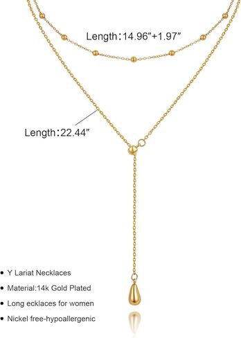 Lariat Gold Necklaces for Women - 18k Gold Plated Long Necklace,Y-Shaped Choker Simple Necklace Layered Beaded Chain Drop Necklace Trendy Jewelry Hypoallergenic,Valentine Day Wedding Prom Gift For Her in Kuwait