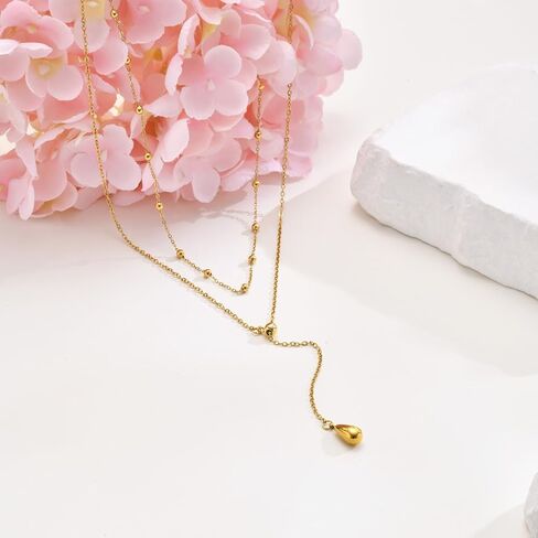 Lariat Gold Necklaces for Women - 18k Gold Plated Long Necklace,Y-Shaped Choker Simple Necklace Layered Beaded Chain Drop Necklace Trendy Jewelry Hypoallergenic,Valentine Day Wedding Prom Gift For Her in Kuwait