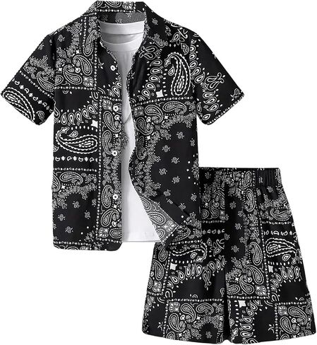 Boy's 2 Piece Clothing Set Paisley Short Sleeve Button Up Shirts and Elastic Waist Beach Shorts in Saudi Arabia