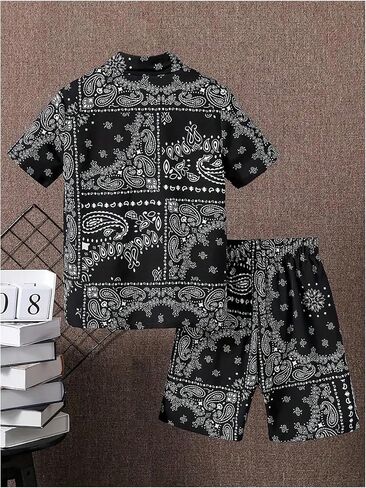 Boy's 2 Piece Clothing Set Paisley Short Sleeve Button Up Shirts and Elastic Waist Beach Shorts in Saudi Arabia