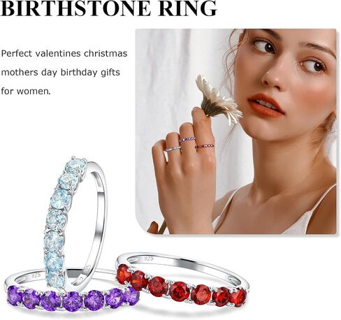 Birthstone Wedding Band Eternity Rings 925 Sterling Silver Rings Stackable Anniversary Engagement Rings Cubic Zirconia Inlaid Created Garnet/Amethyst/Sapphire Ring 7 Stone Ring, Size 6 to 10 in Saudi Arabia
