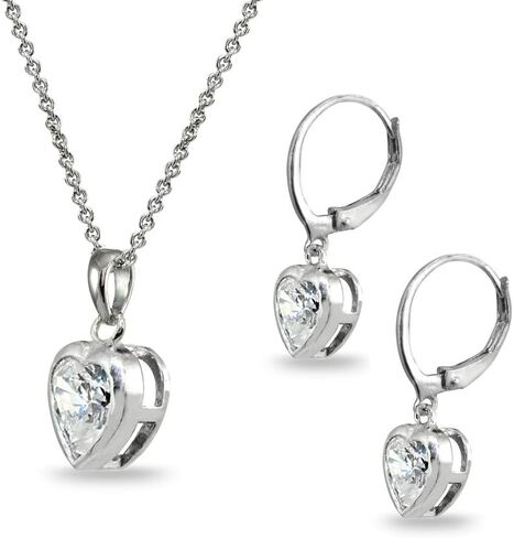 B. BRILLIANT Sterling Silver Heart Bezel-Set Necklace & Dangle Leverback Earrings Set Made with AAA Cubic Zirconia in Saudi Arabia