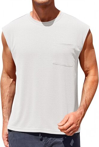 Runcati Mens Sleeveless Tank Tops Workout Cut Off Muscle Shirts Gym Casual Beach Summer Tee with Pocket in Saudi Arabia