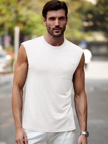 Runcati Mens Sleeveless Tank Tops Workout Cut Off Muscle Shirts Gym Casual Beach Summer Tee with Pocket in Saudi Arabia