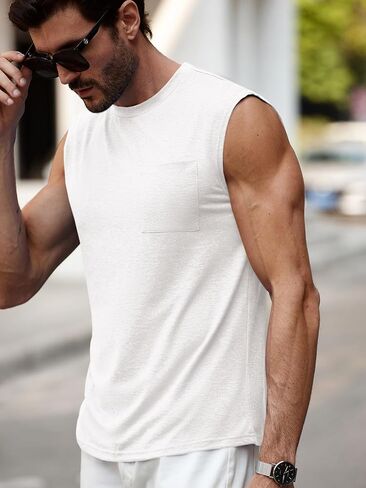 Runcati Mens Sleeveless Tank Tops Workout Cut Off Muscle Shirts Gym Casual Beach Summer Tee with Pocket in Saudi Arabia