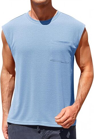 Runcati Mens Sleeveless Tank Tops Workout Cut Off Muscle Shirts Gym Casual Beach Summer Tee with Pocket in Saudi Arabia