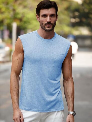 Runcati Mens Sleeveless Tank Tops Workout Cut Off Muscle Shirts Gym Casual Beach Summer Tee with Pocket in Saudi Arabia