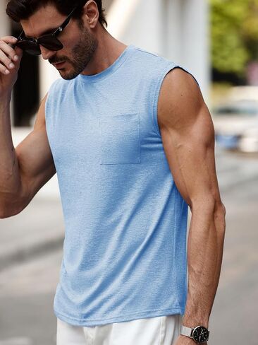 Runcati Mens Sleeveless Tank Tops Workout Cut Off Muscle Shirts Gym Casual Beach Summer Tee with Pocket in Saudi Arabia