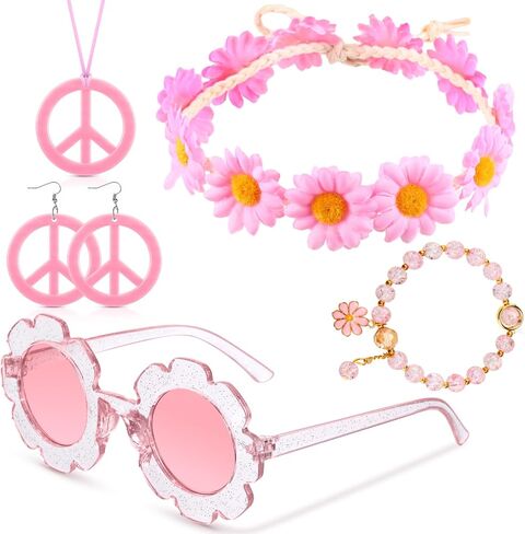 Tondiamo 5 PCS Kids Hippie Costume Accessories 60S 70S Toddler Girl Outfit Boho Peace Sign Daisy Flower for Halloween Cosplay in Saudi Arabia