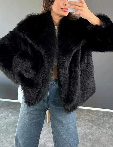 Haellun Women's Faux Fur Coat Long Sleeve Fluffy Jacket Open Front Furry Winter Shaggy Short Coat Outwear in Kuwait