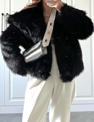 Haellun Women's Faux Fur Coat Long Sleeve Fluffy Jacket Open Front Furry Winter Shaggy Short Coat Outwear in Kuwait