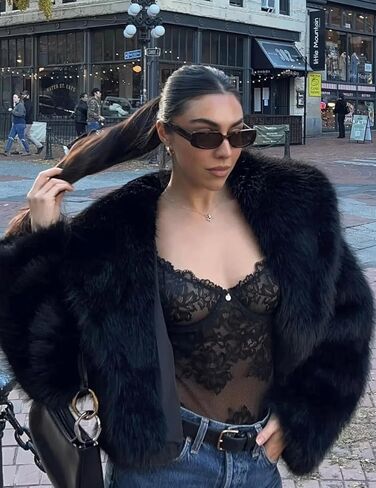 Haellun Women's Faux Fur Coat Long Sleeve Fluffy Jacket Open Front Furry Winter Shaggy Short Coat Outwear in Kuwait