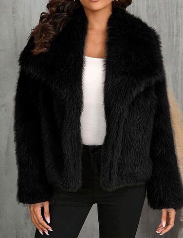 Haellun Women's Faux Fur Coat Long Sleeve Fluffy Jacket Open Front Furry Winter Shaggy Short Coat Outwear in Kuwait