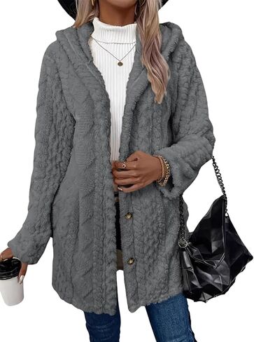 Women's Winter Coats Single Breasted Long Sleeve Wool with Hood Casual Faux Fur Trendy Outerwear in Saudi Arabia