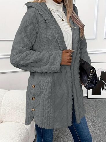 Women's Winter Coats Single Breasted Long Sleeve Wool with Hood Casual Faux Fur Trendy Outerwear in Saudi Arabia