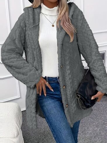 Women's Winter Coats Single Breasted Long Sleeve Wool with Hood Casual Faux Fur Trendy Outerwear in Saudi Arabia