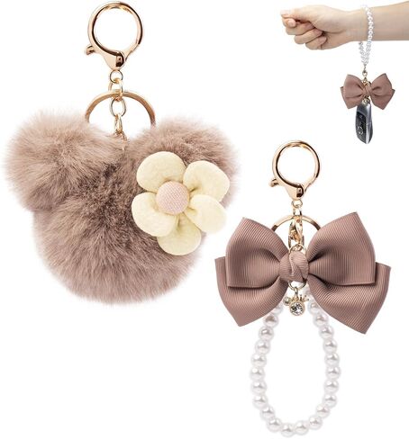 Purse Bag Charms Cute Bow Keychain Mouse Ear key chain Pom Pom Soft Fur Keychains, Pearl keychain wristlet- 2Pcs in Kuwait