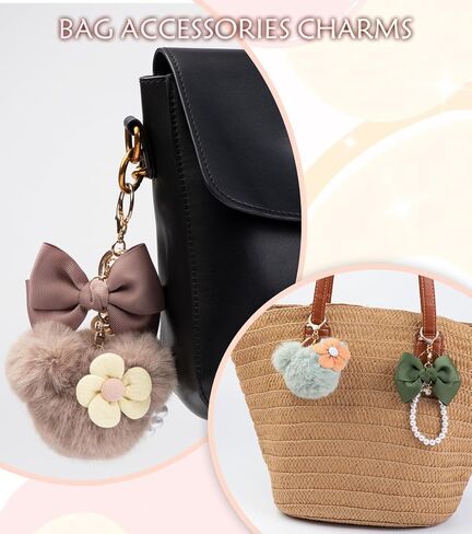 Purse Bag Charms Cute Bow Keychain Mouse Ear key chain Pom Pom Soft Fur Keychains, Pearl keychain wristlet- 2Pcs in Kuwait