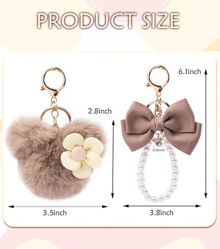 Purse Bag Charms Cute Bow Keychain Mouse Ear key chain Pom Pom Soft Fur Keychains, Pearl keychain wristlet- 2Pcs in Kuwait