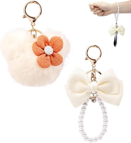 Purse Bag Charms Cute Bow Keychain Mouse Ear key chain Pom Pom Soft Fur Keychains, Pearl keychain wristlet- 2Pcs in Kuwait