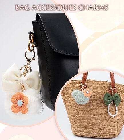 Purse Bag Charms Cute Bow Keychain Mouse Ear key chain Pom Pom Soft Fur Keychains, Pearl keychain wristlet- 2Pcs in Kuwait