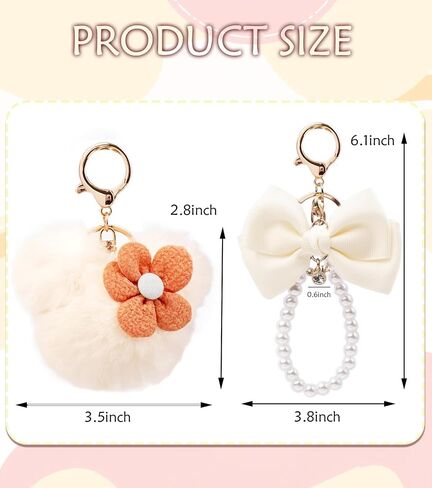 Purse Bag Charms Cute Bow Keychain Mouse Ear key chain Pom Pom Soft Fur Keychains, Pearl keychain wristlet- 2Pcs in Kuwait