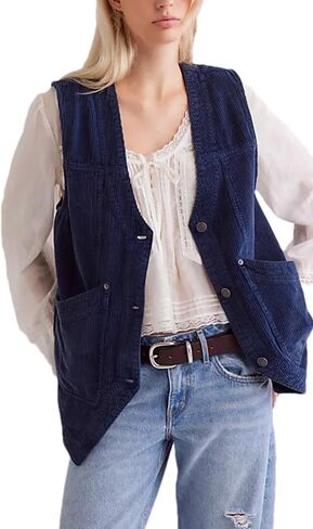 Zontroldy Women's Vintage V Neck Corduroy Vests Sleeveless Button Down Cardigan Outerwear with Pockets in Kuwait