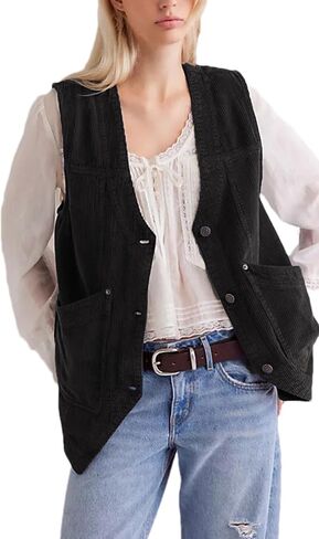 Zontroldy Women's Vintage V Neck Corduroy Vests Sleeveless Button Down Cardigan Outerwear with Pockets in Kuwait