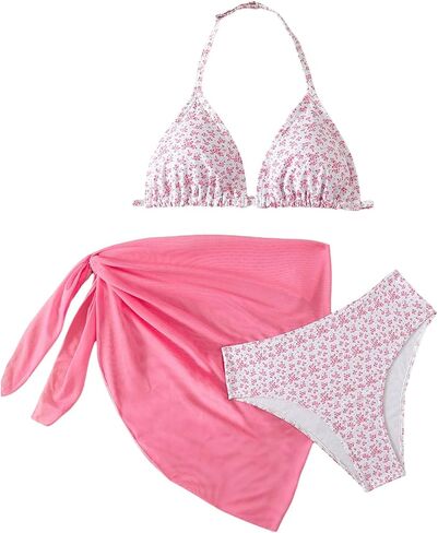 SOLY HUX Girl's Summer Swimsuit Set Floral Halter Triangle Bikini Set with Wrap Skirts Beachwear in Saudi Arabia