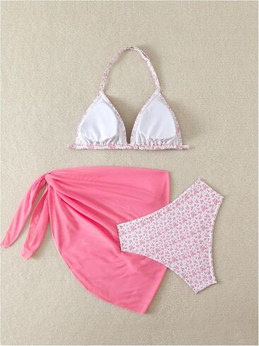 SOLY HUX Girl's Summer Swimsuit Set Floral Halter Triangle Bikini Set with Wrap Skirts Beachwear in Saudi Arabia
