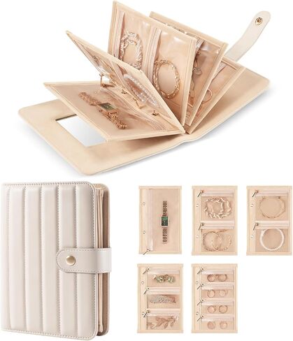 Lolalet Travel Jewelry Organizer Case, Portable Jewlery Storage Book Portfolio Binder with Zipper Velvet Pouch and Built-in Mirror for Women -Beige in Saudi Arabia