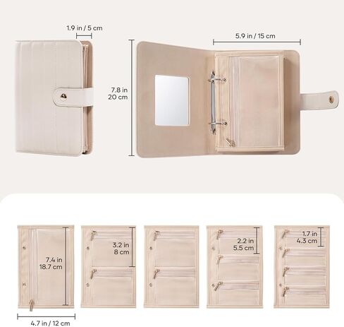 Lolalet Travel Jewelry Organizer Case, Portable Jewlery Storage Book Portfolio Binder with Zipper Velvet Pouch and Built-in Mirror for Women -Beige in Saudi Arabia