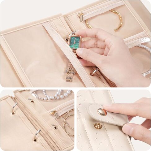 Lolalet Travel Jewelry Organizer Case, Portable Jewlery Storage Book Portfolio Binder with Zipper Velvet Pouch and Built-in Mirror for Women -Beige in Saudi Arabia