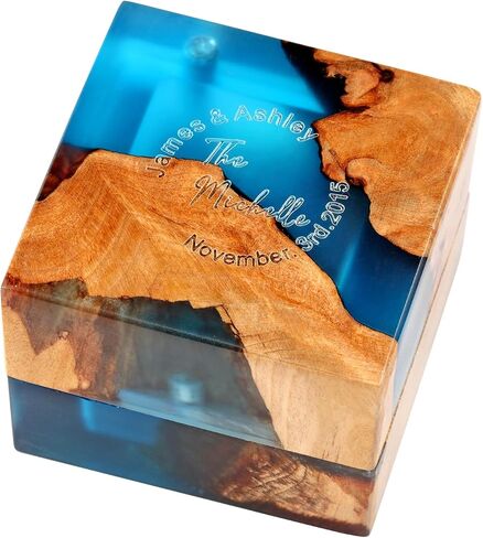 Wedding Ring Box, Blue Engagement Ring Box with Single Slot for Proposal Wedding Ceremony, Handcrafted, Made of Wood and Resin in Saudi Arabia