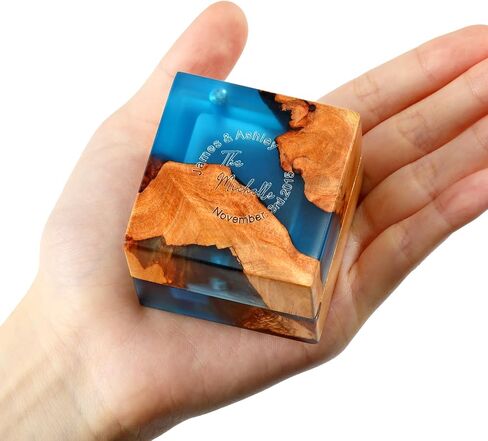 Wedding Ring Box, Blue Engagement Ring Box with Single Slot for Proposal Wedding Ceremony, Handcrafted, Made of Wood and Resin in Saudi Arabia