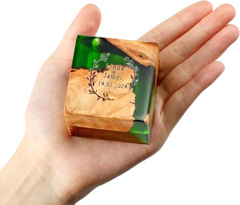Wedding Ring Box, Blue Engagement Ring Box with Single Slot for Proposal Wedding Ceremony, Handcrafted, Made of Wood and Resin in Saudi Arabia